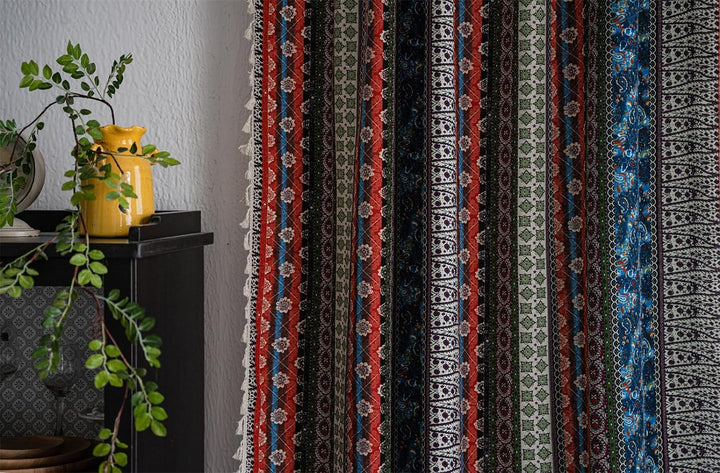 Freyamy Boho Vorhänge 2er Set Gardinen mit Beige Quasten Baumwolle Leinen Halbverdunkelungsvorhänge