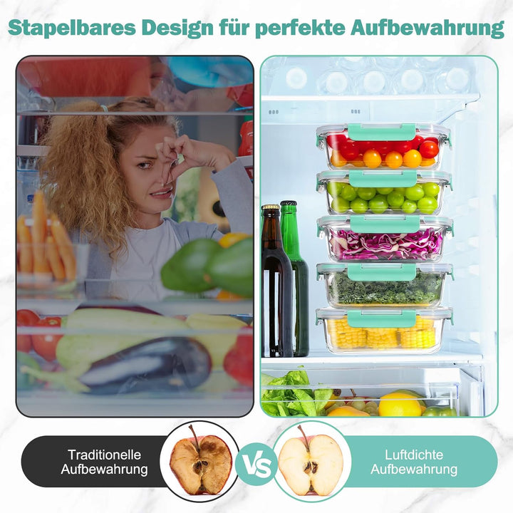 YASHE 5 Teile Glasbehälter mit Deckel, 1040ml Stapelbar &amp; Luftdicht Meal Prep Boxen Glas für Spülmas