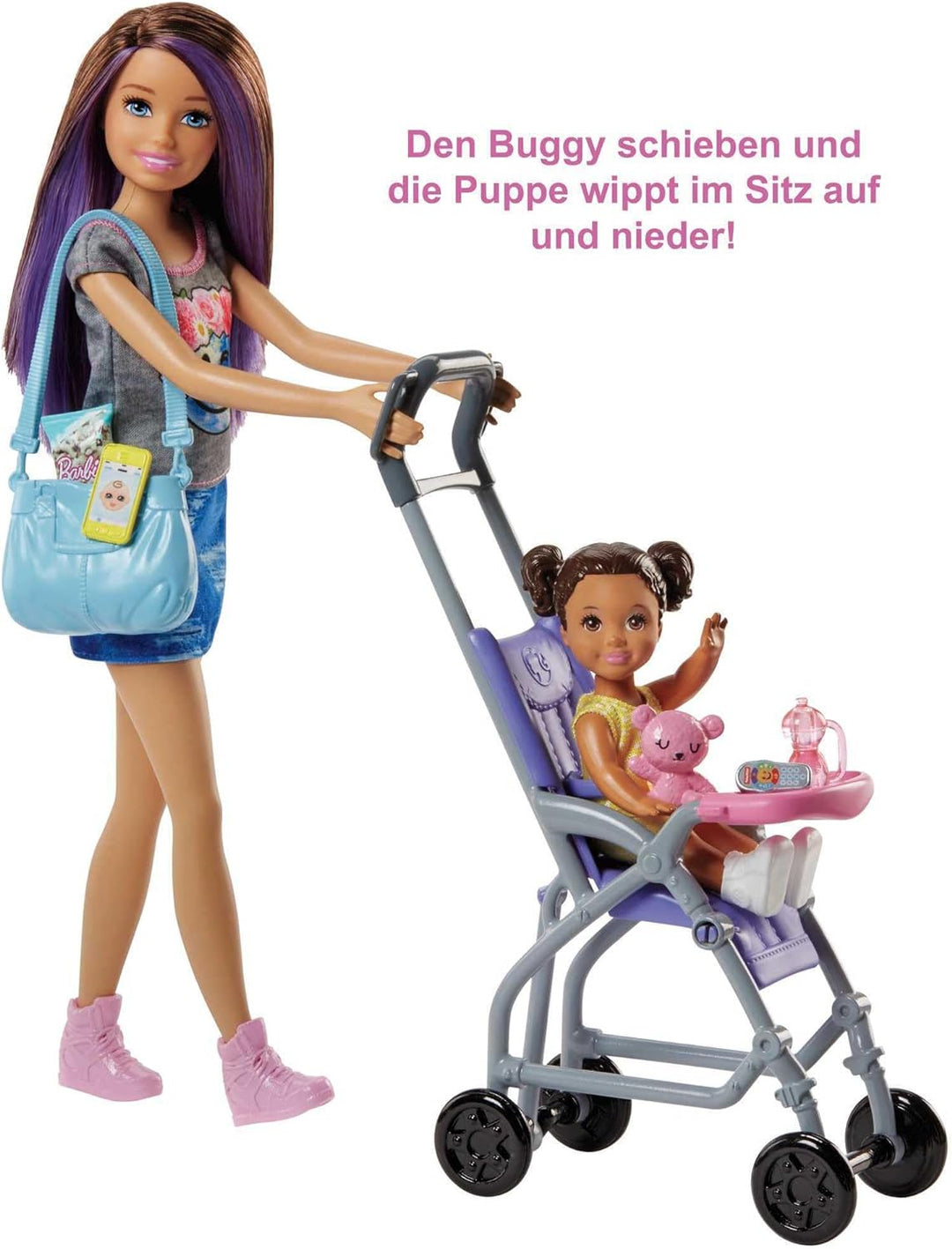 Barbie Skipper Babysitter Inc, Skipper mit braunen und lila Haaren, Baby mit braunen Zöpfen, Kinderw