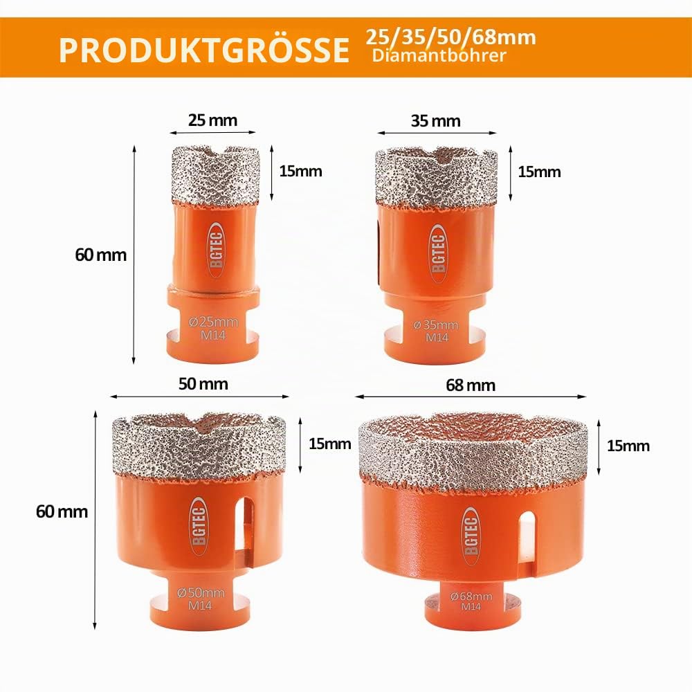 BGTEC Diamant Fliesenbohrer - 4 stücke 25/35/50/68MM Diamantbohrer Lochsäge mit M14 Gewinde für Flie