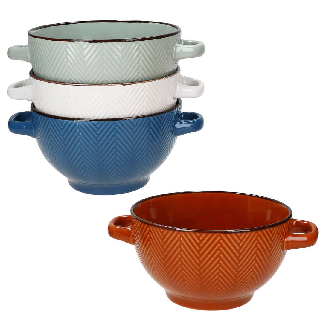 MamboCat 4er Set Chevron Suppentassen I 450ml, Ø13cm I 1x Blau, Braun, Olivgrün & Weiss mit braunem