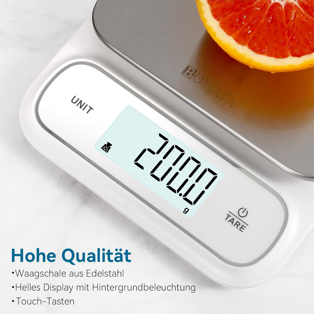 BOMATA Wasserdichte IPX6 Küchenwaage, 0,1g hohe Präzision, 5kg, digitale Waage mit Hintergrundbeleuc
