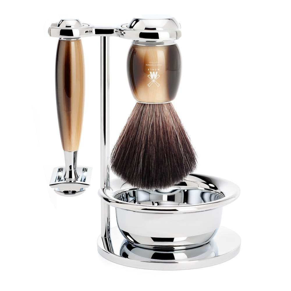 MÜHLE Rasierset mit Schale - Vivo Serie - Black Fibre - Rasierhobel - Edelharz hornbraun