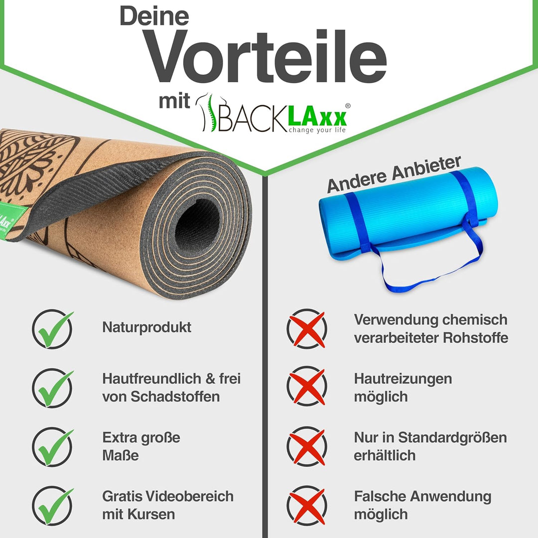 BACKLAXX ® Yogamatte Kork XXL [+50% mehr Fläche] mit Naturkautschuk - Yoga Matte nachhaltig, schadst