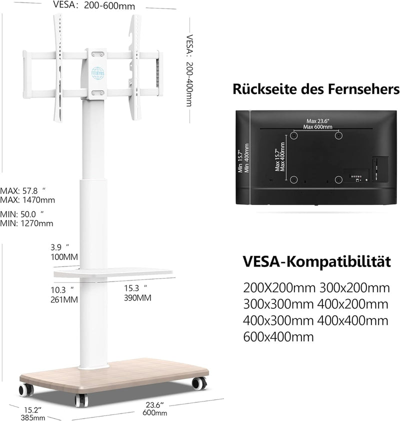 FITUEYES TV Ständer Rollbar TV Rollwagen mit Holzablage Fernsehständer für 37 43 50 55 65 70 Zoll, T