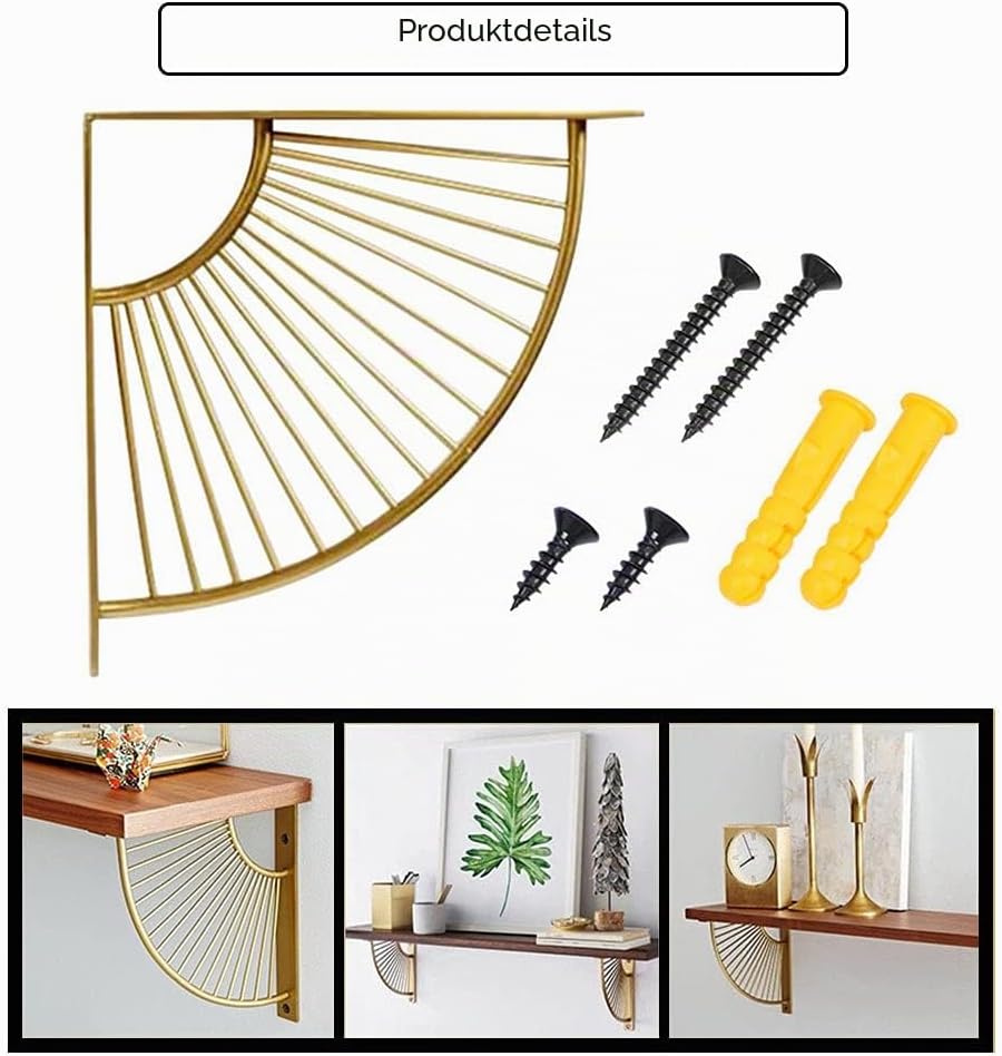 通用 2 Stück Regalhalter in Fächerform in Gold/Schwarz, aus Metall, für Wandregale, Eckregale, Wohnzim