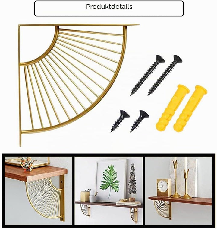 通用 2 Stück Regalhalter in Fächerform in Gold/Schwarz, aus Metall, für Wandregale, Eckregale, Wohnzim