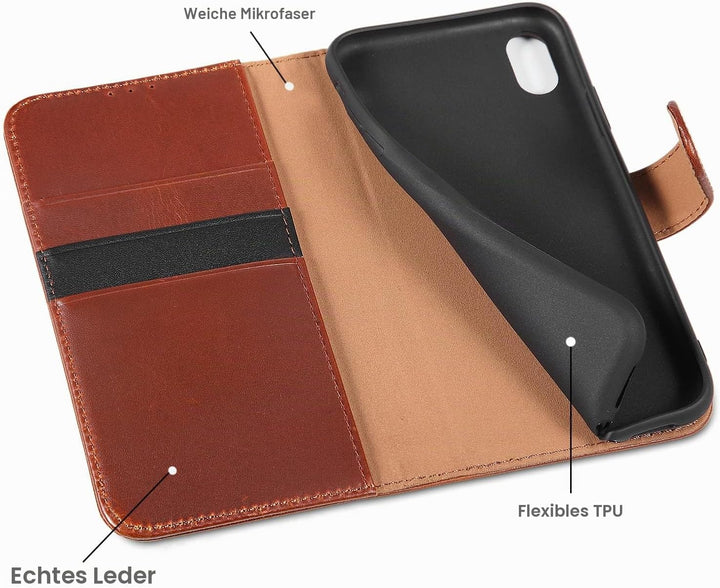 LENSUN Echtleder Hülle für iPhone XR, Handyhülle Leder [Kartenfach][Magnetverschluss][RFID Schutz] H