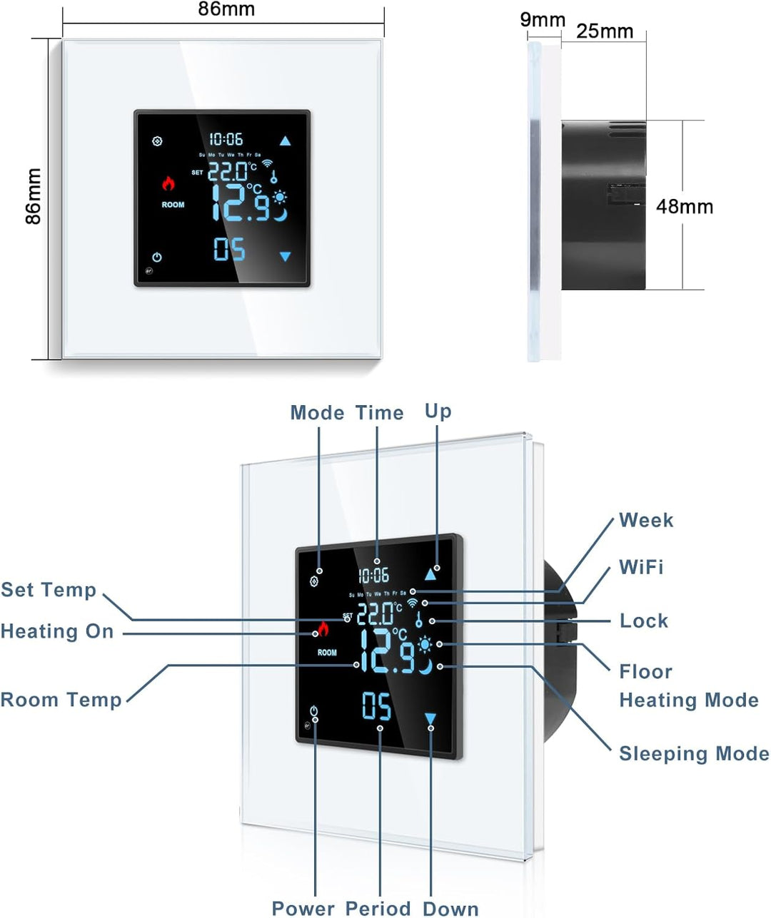 CNBINGO Smart Thermostat Unterputz mit Fühler, Digitaler Raumthermostat für Wasser Fussbodenheizunge