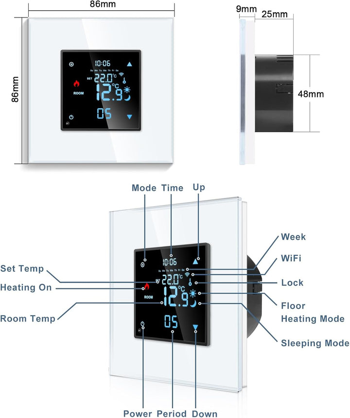 CNBINGO Smart Thermostat Unterputz mit Fühler, Digitaler Raumthermostat für Wasser Fussbodenheizunge