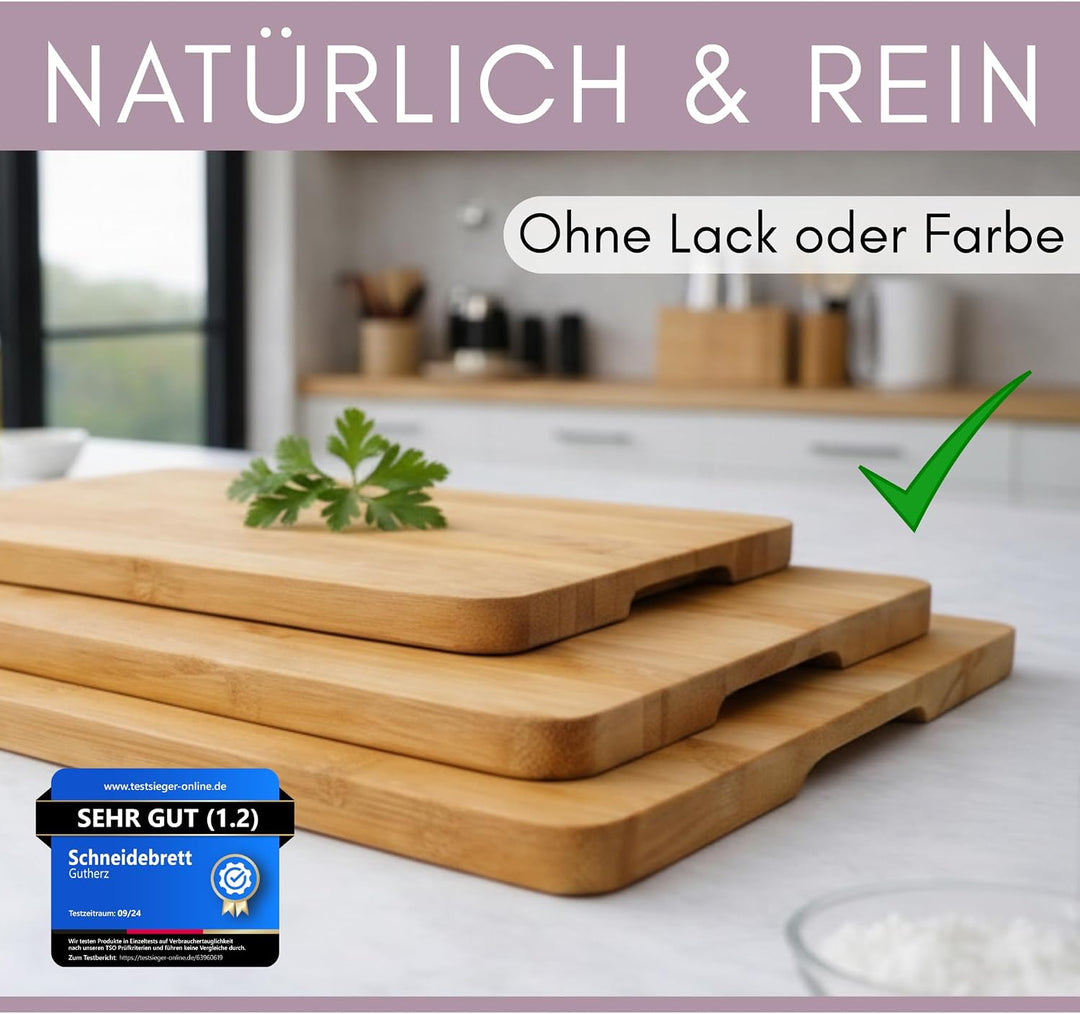 Bambus Schneidebrett aus Holz - 3er Set- Natürlich- ohne Lack | Antibakteriell | 38x25 / 30x20/ 22x1