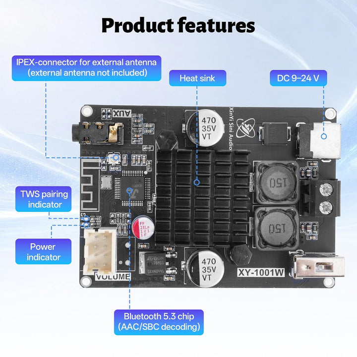 XY-1001W Bluetooth Verstärker Modul, TWS DC 9-24V 100W Mono Audio Verstärkerplatine mit AUX USB Blue