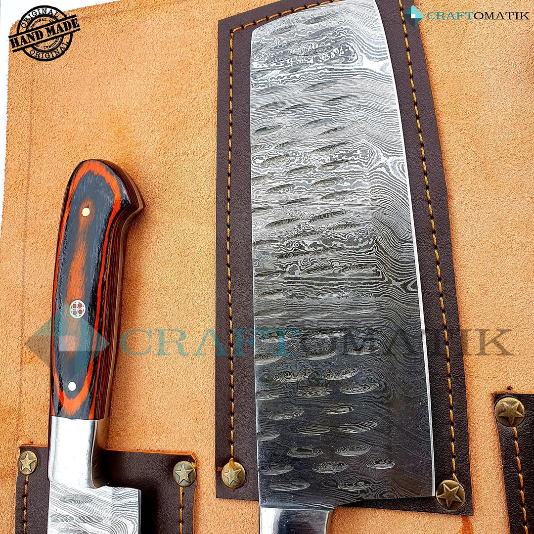 Damast Stahl Chef Set| Küchenmesser Set Camping Grill Besteck Geschenkset mit Ledermesserrolle | Koc
