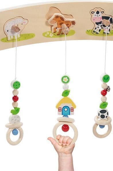goki 65208 - Baby-Fit Bauernhof Tierstimmen Greif- und Spieltrainer aus Holz, Spielebogen mit Sound,