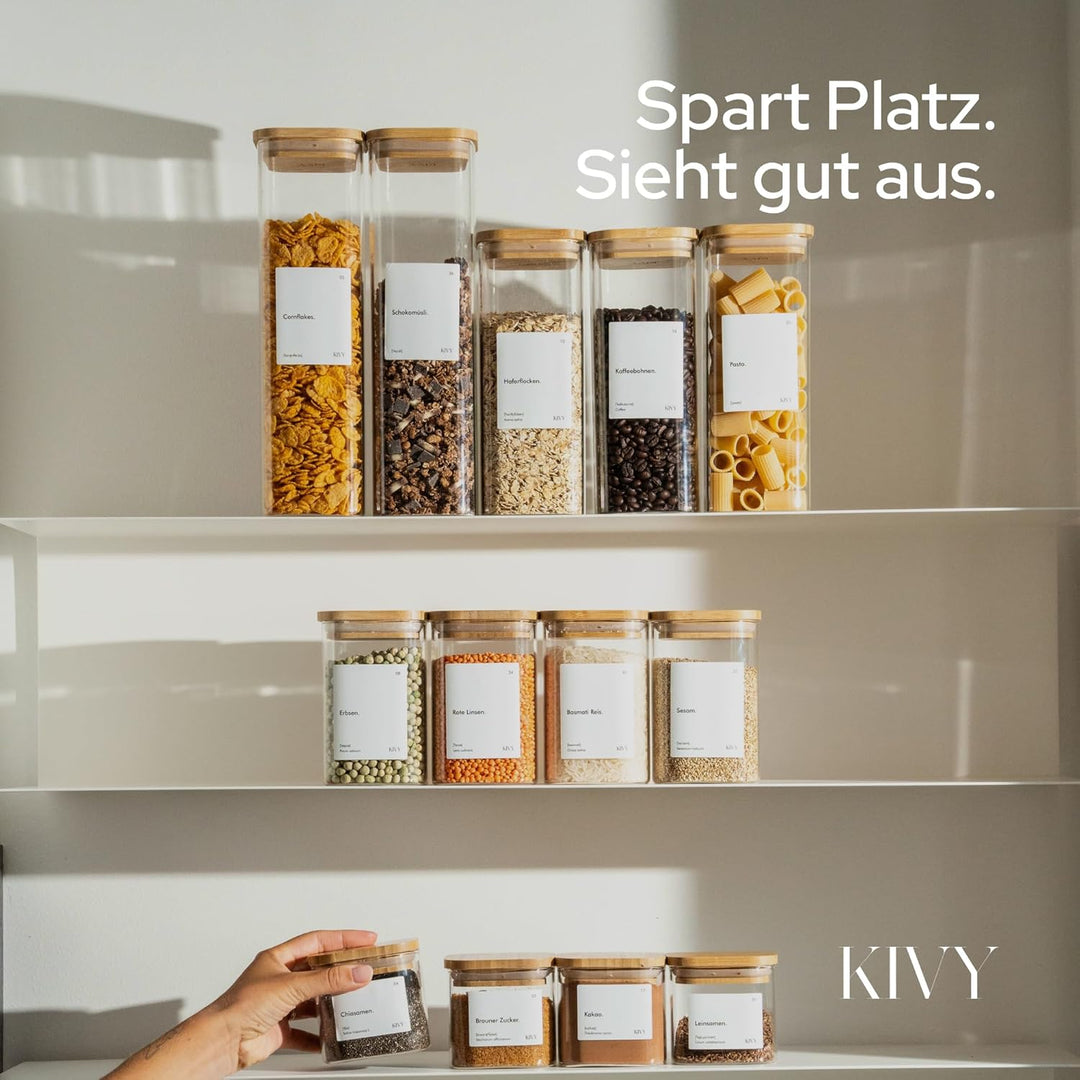 KIVY Vorratsgläser eckig [12er Set] + Etiketten - Stapelbare & Luftdichte Vorratsgläser mit Deckel -