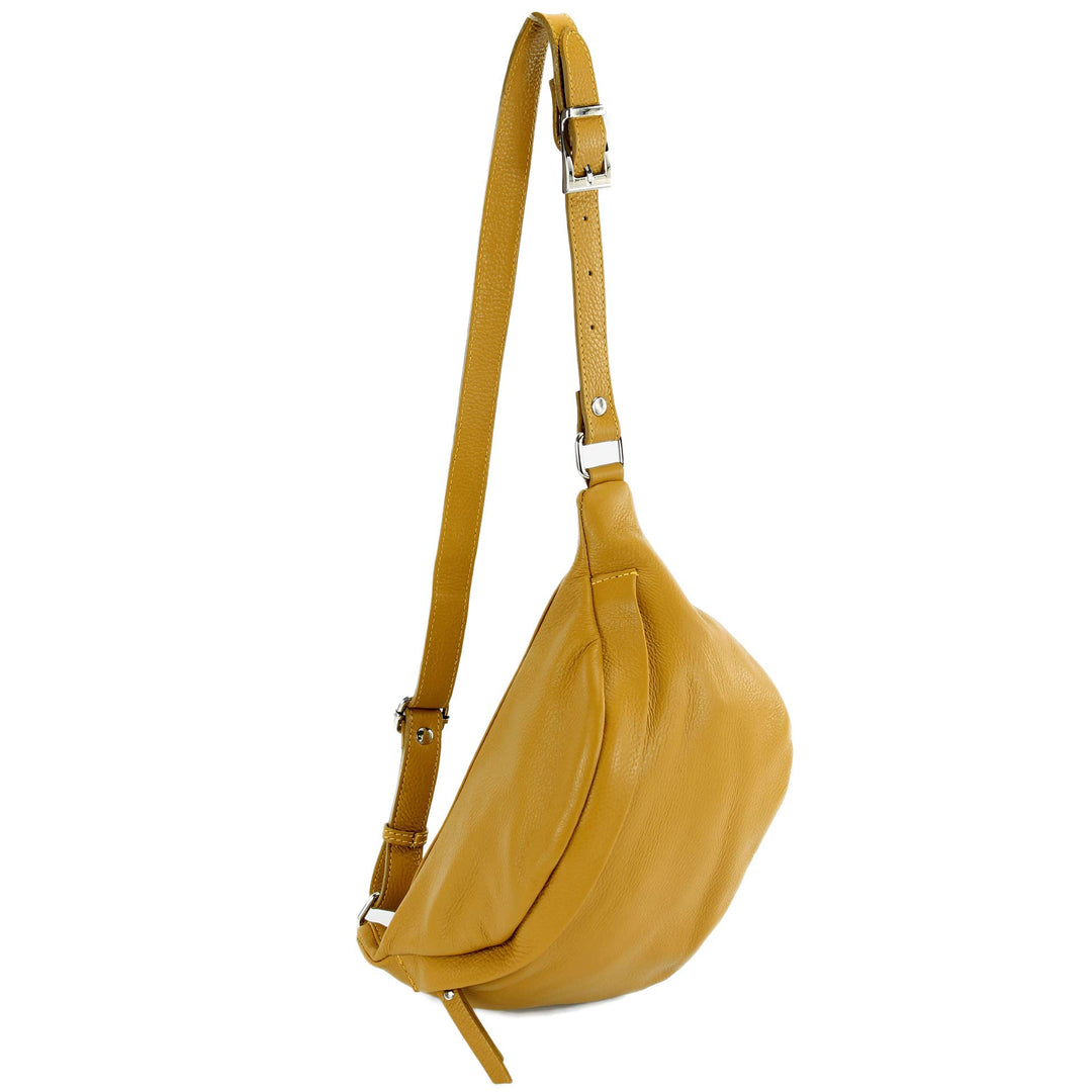 modamoda de - T77 - ital. Hüfttasche Bauchtasche Brusttasche Large aus weichem Leder, Farbe:Senfgelb