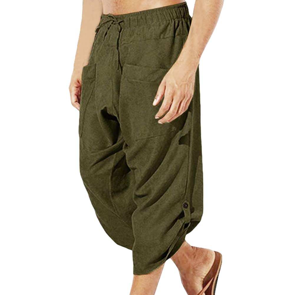 COSDREAMER Herren Mittelalter Hose Wikinger Pirat Kostüm Hose (S, Olive 3/4) S Olive 3/4, S Olive 3/