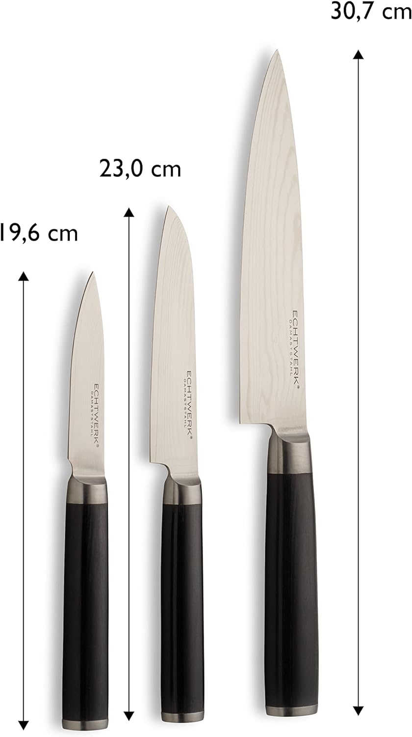 Echtwerk Damaszener Messer Set, 3-TLG, Kochmesser/Küchenmesser, kleines Santokumesser/ japanisches M