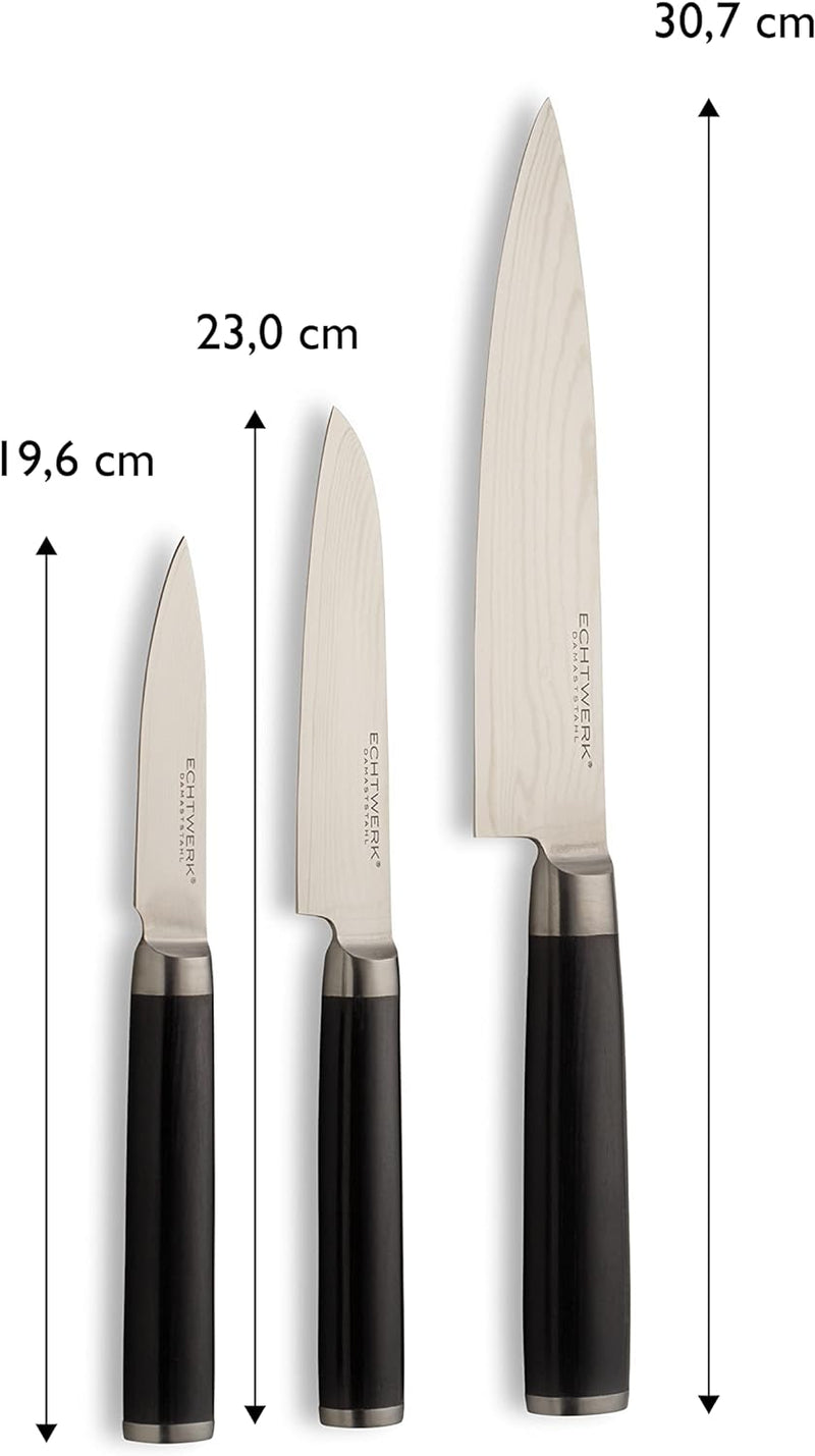 Echtwerk Damaszener Messer Set, 3-TLG, Kochmesser/Küchenmesser, kleines Santokumesser/ japanisches M