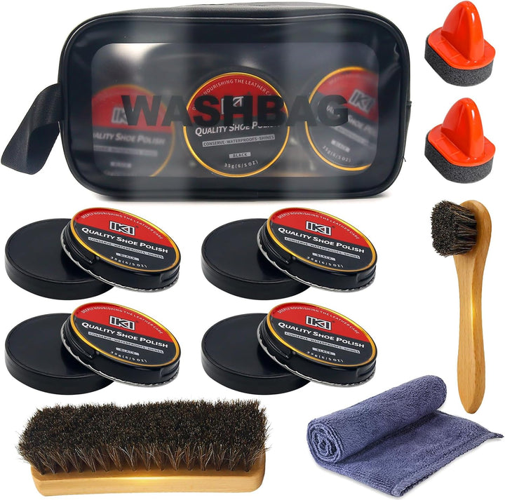 IKI 10tlg Schuhcreme & Pflegeset – Schuhputzset mit Schwarz Schuhcreme Pferdehaar Bürsten Für Leder