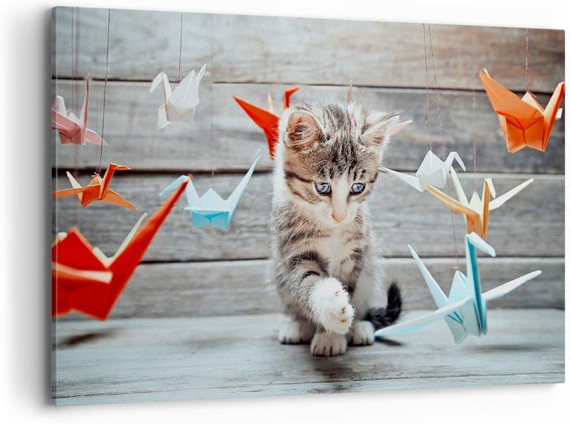 Bilder auf Leinwand 100x70cm Leinwandbild mit Rahmen Katze spass origami Gross Wanddeko Bild Schlafz