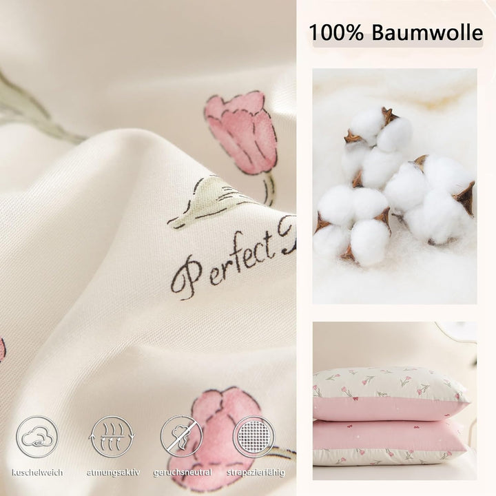 Baumwolle Bettwäsche Set 135x200cm 2teilig Weiss Rosa Grün Blumen Floral Bettwäsche Blumenmuster Mäd