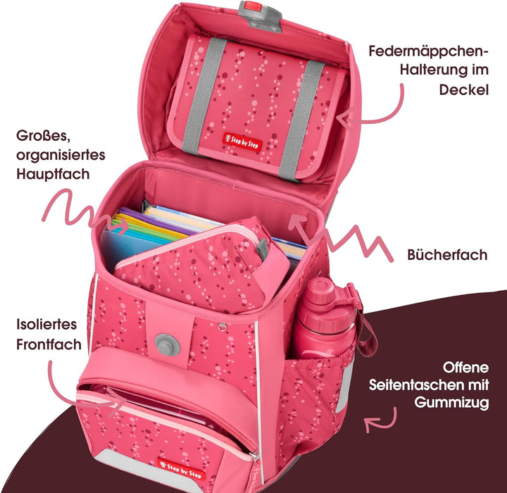 Step by Step Basis Schulranzen-Set „Pink Bubbles“, 4-teilig, rosa, ergonomischer Tornister mit Refle