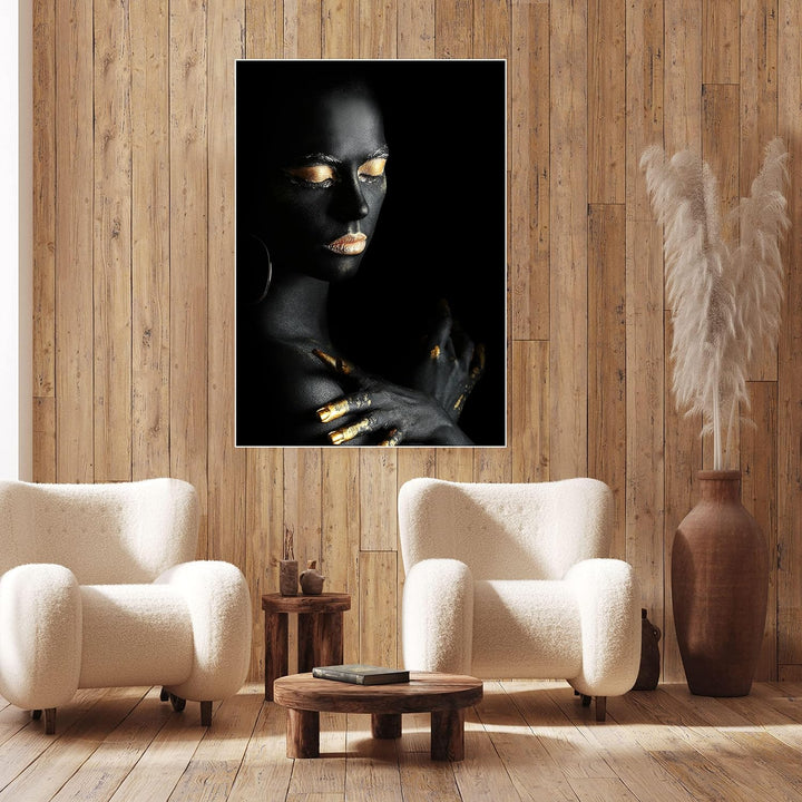 wandmotiv24 Poster als Wanddeko, Grösse 100x70cm, Gold Collection, Frau in Schwarz, goldene Highligh