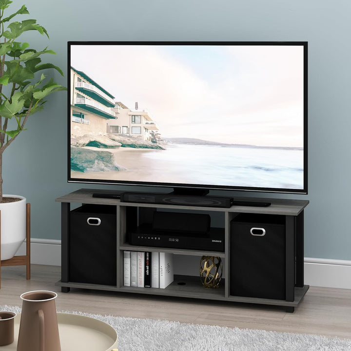 Furinno Econ TV Schrank/Entertainment Center mit 2 Einschüben, holz, Französische Eiche Grau/Schwarz