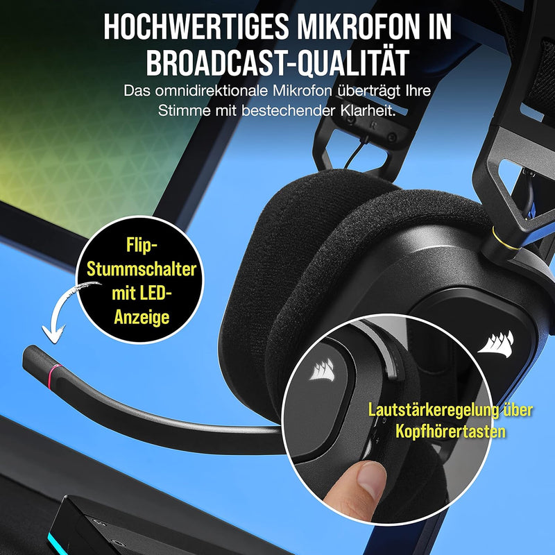 Corsair HS80 RGB WIRELESS Premium-Gaming-Headset mit Dolby Atmos (niedrige Latenz, omnidirektionales