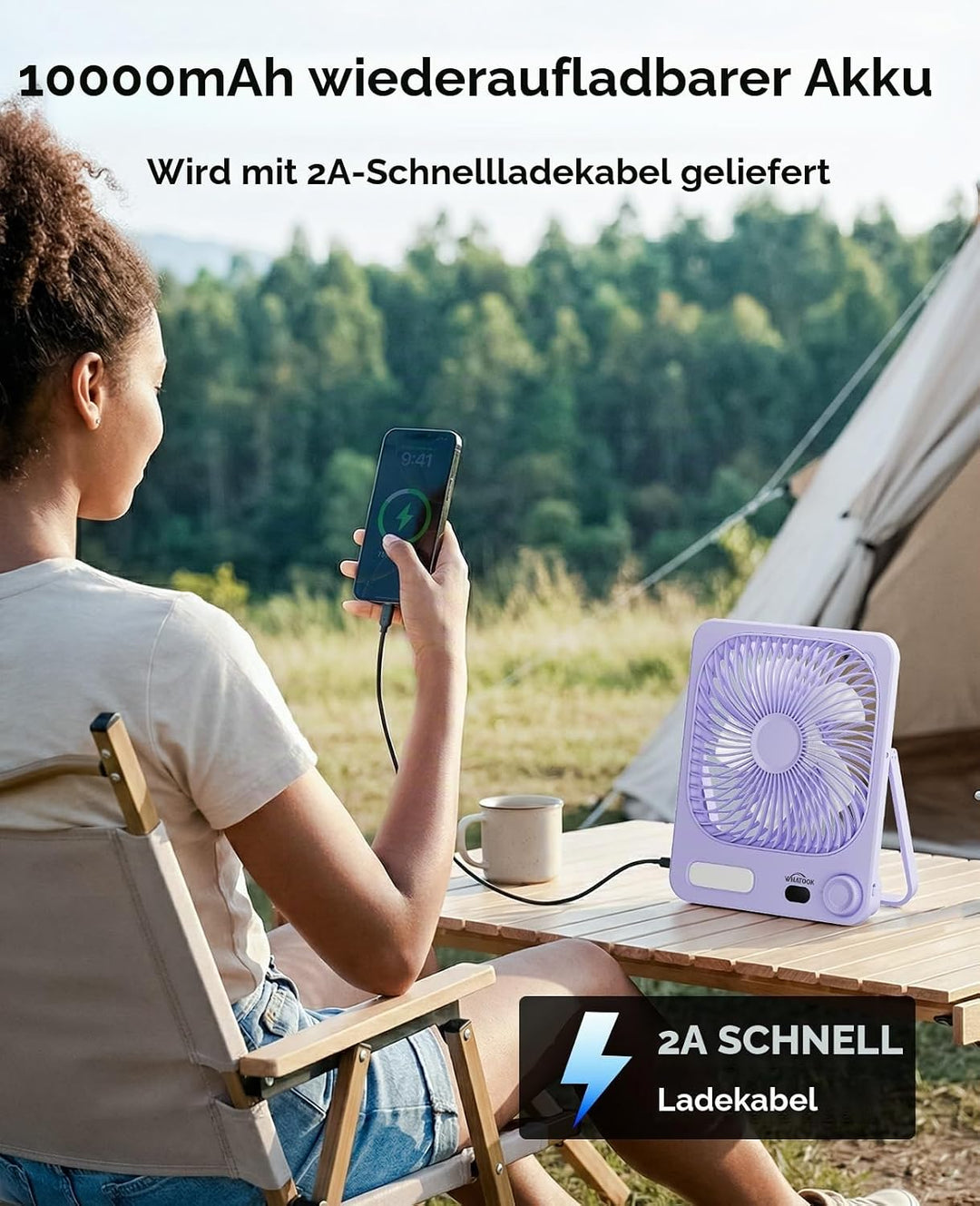 Akku Ventilator: 10000mAh 40H Tischventilator Leise mit 100 Stufen, 15s Auto-Aus LED Display, Reinig