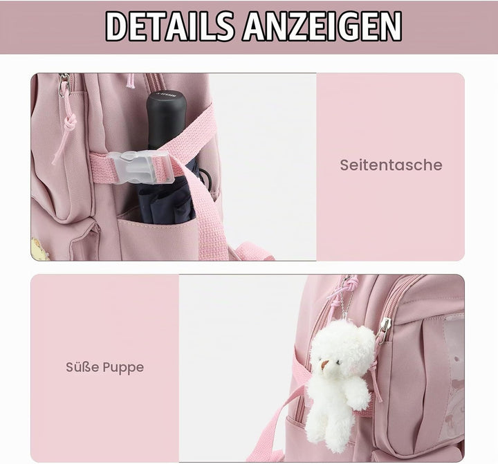 7VSTOHS Kawaii-Rucksack mit Kawaii-Anhänger und Zubehör für Teenager-Mädchen Rucksack-Schule Aesthet