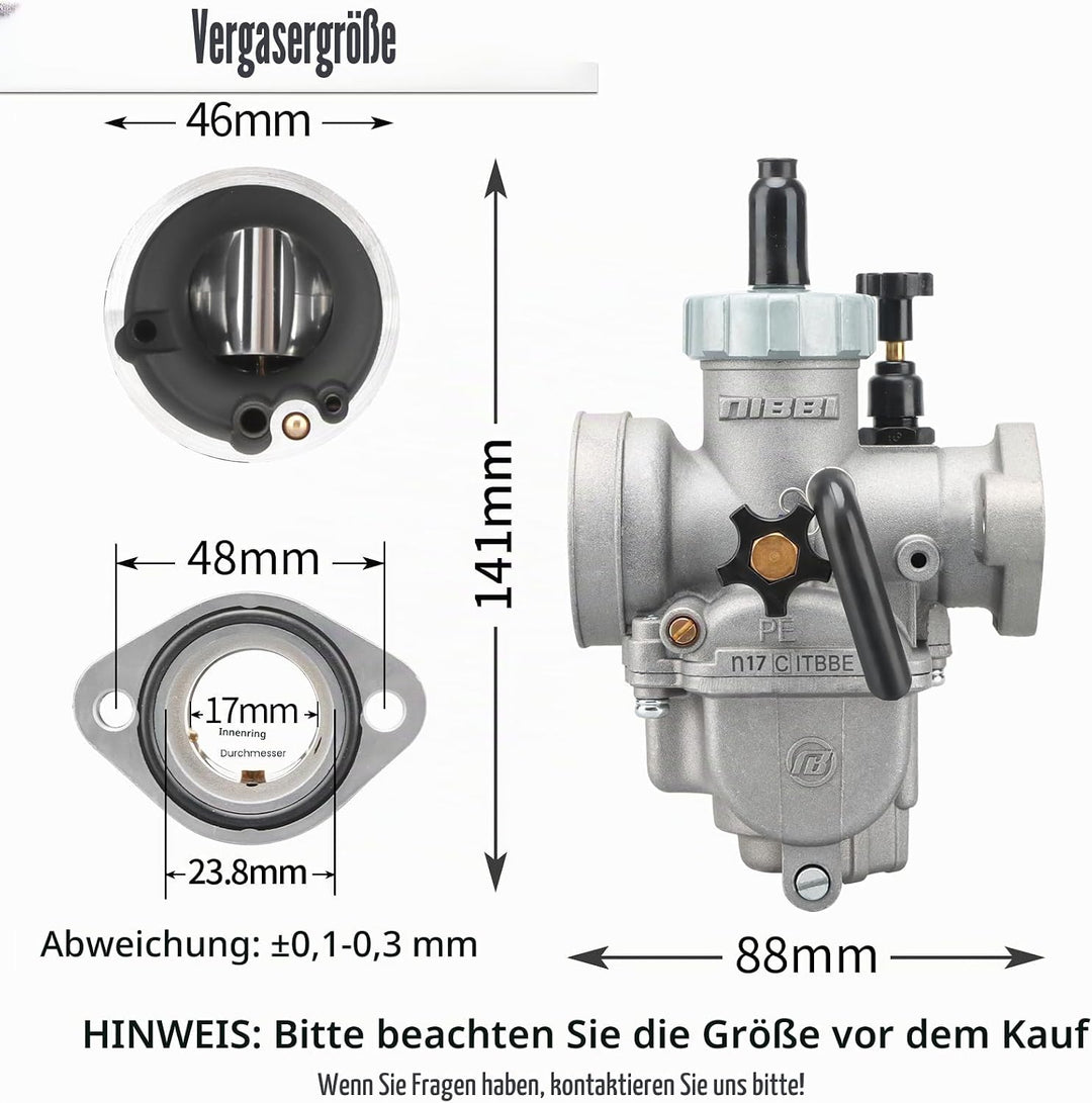 NIBBI PE17mm Vergaser für 80cc-100cc Flansch Motorrad Motor Vergaser mit Carb Jets PE-Flansch-17mm,