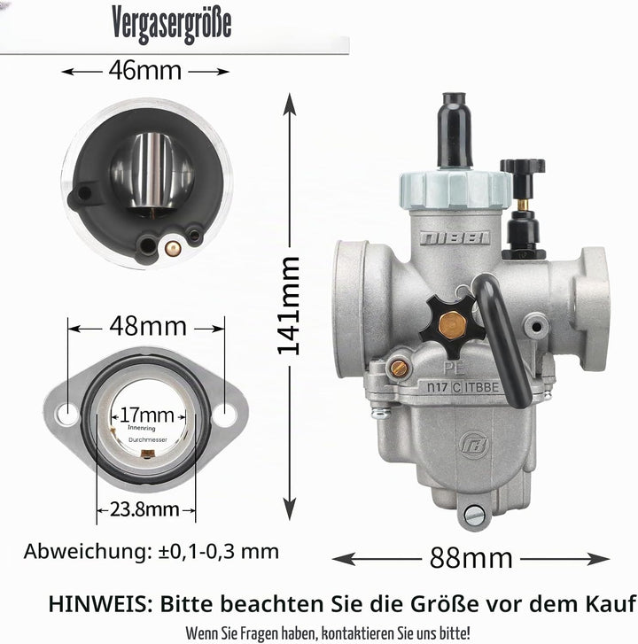 NIBBI PE17mm Vergaser für 80cc-100cc Flansch Motorrad Motor Vergaser mit Carb Jets PE-Flansch-17mm,