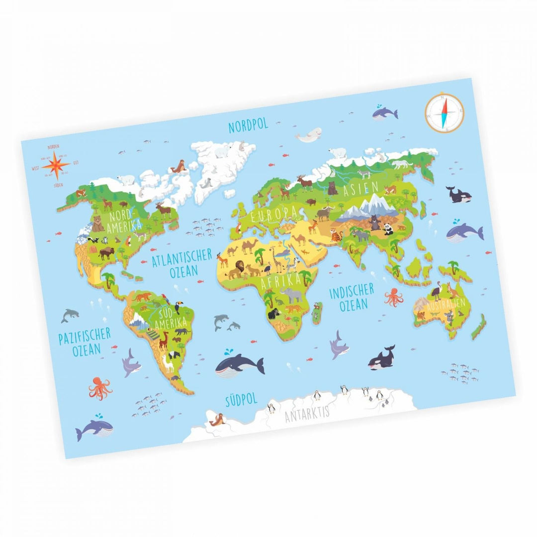 nikima - Kinder Weltkarte 3D in 3 Grössen A3/ A2/ A1 Poster Plakat Tiere Erde Wandbild Kinderzimmer