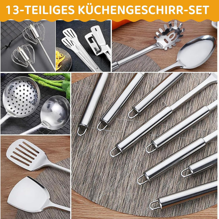 13-teilig Edelstahl Kochutensilien Set - Wärmebeständig Antihaft Hochglanzpolierte Küchenhelfer-Set
