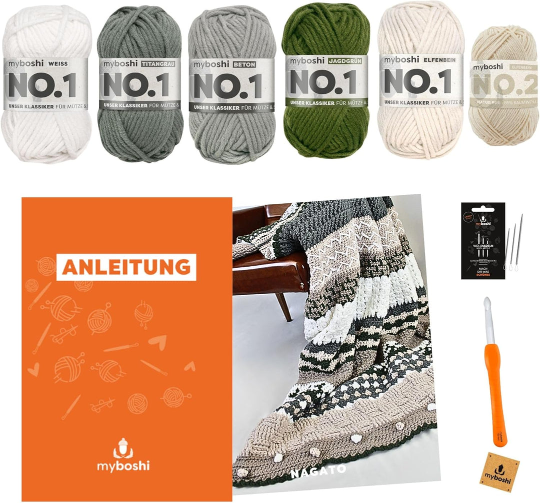 myboshi Häkelset Decke Nagato, inkl No.1 Wolle, Häkelnadel und Anleitung, Häkelpaket, 30% Merinowoll