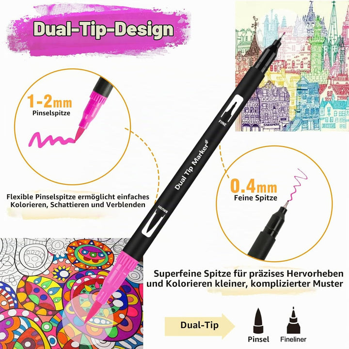FORETOY Dual Brush Pen Set, 100 Farben Filzstifte Dicke und Dünne Pinselstifte Für Kinder Erwachsene