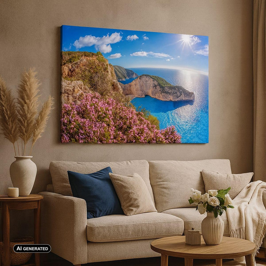 Bilder auf Leinwand Meer Sommer Blume Leinwandbild mit Rahmen 70x50cm Wandbilder Dekoration Wohnzimm