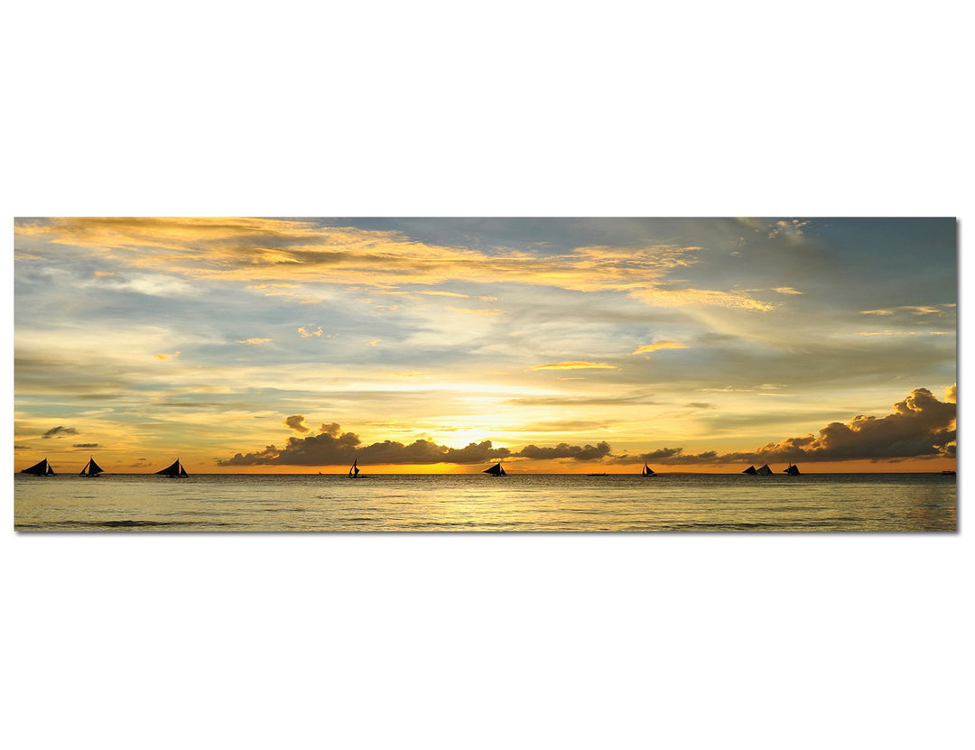 Paul Sinus Art Panoramabild auf Leinwand und Keilrahmen 120x40cm Philippinen Meer Boote Sonnenunterg