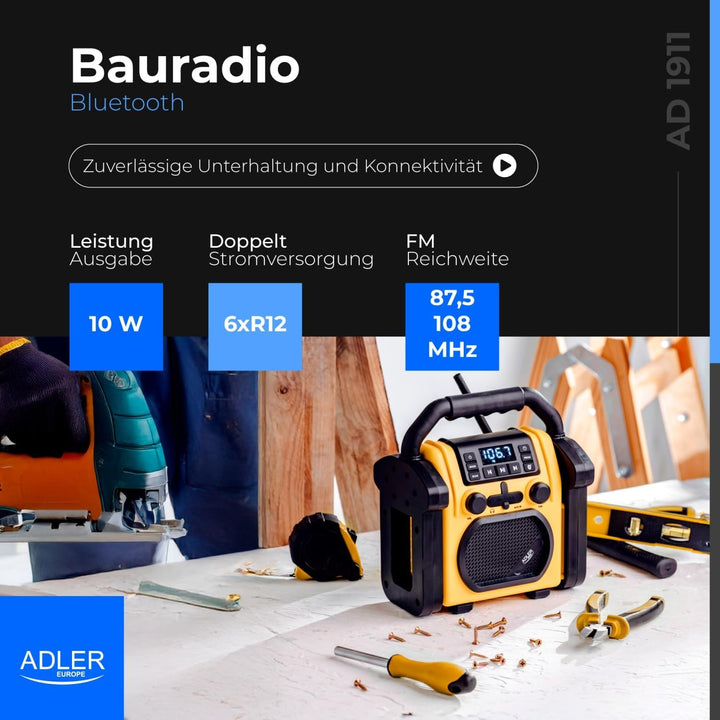 Adler AD 1911 – Baustellenradio mit Bluetooth V 5.1, Dual Power (Batterie & Netz), IPX54 Staub-/Wass