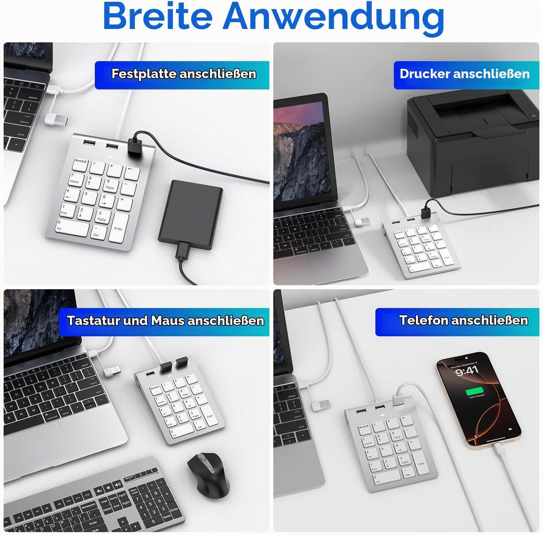 Rytaki Pro USB-C &amp; USB-A Numpad Wired – Nummernblock mit 3 USB 2.0 Hub, 18-Tasten Ziffernblock für L