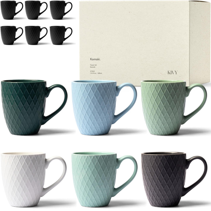 KIVY Kaffeetassen 6er Set [400 ml] - Hochwertige Kaffeetasse mit grossem Henkel - Keramik Tasse gros