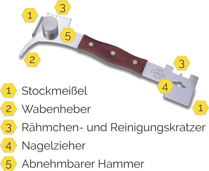 Imkado Imker Set XL - Premium Edelstahl-Smoker, Bienenbesen, Multifunktionswerkzeug/Stockmeissel, Ra