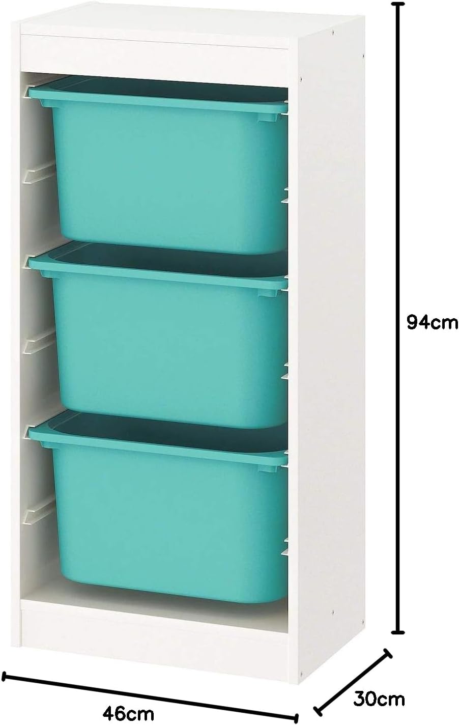 Trofast IKEA Regal, Aufbewahrung mit Boxen 46x30x94 cm Set NEU Regal weiss / 3 Boxen türkis