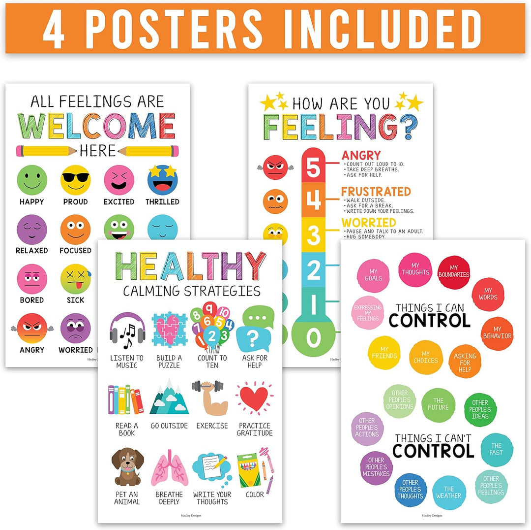 4 bunte Gefühle-Diagramme für Kinder, Lernposter für Wände, Liste der Gefühle, Poster für Kinder, Pe