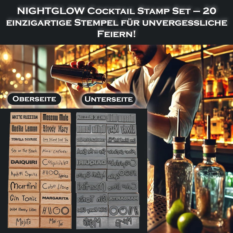 NIGHTGLOW Barkeeper Stempel Set | Cocktail-Bar Deko Cocktail Zubehör - 20 einzigartige Stempel Bar Z