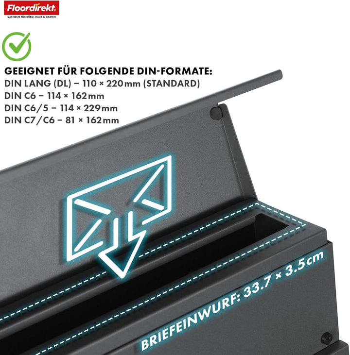 Floordirekt Moderner Briefkasten, mit Zeitungshalter, Deckel, abschliessbar mit Sichtfenstern und Ze