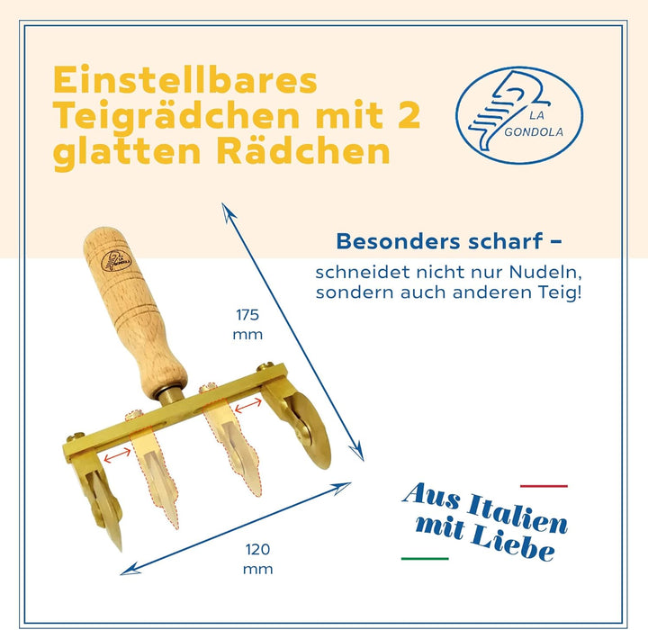 La Gondola Teigrädchen - Einstellbares Rad (2x Glatt) | Nudelwerkzeug | Messing & Naturholz | Sicher