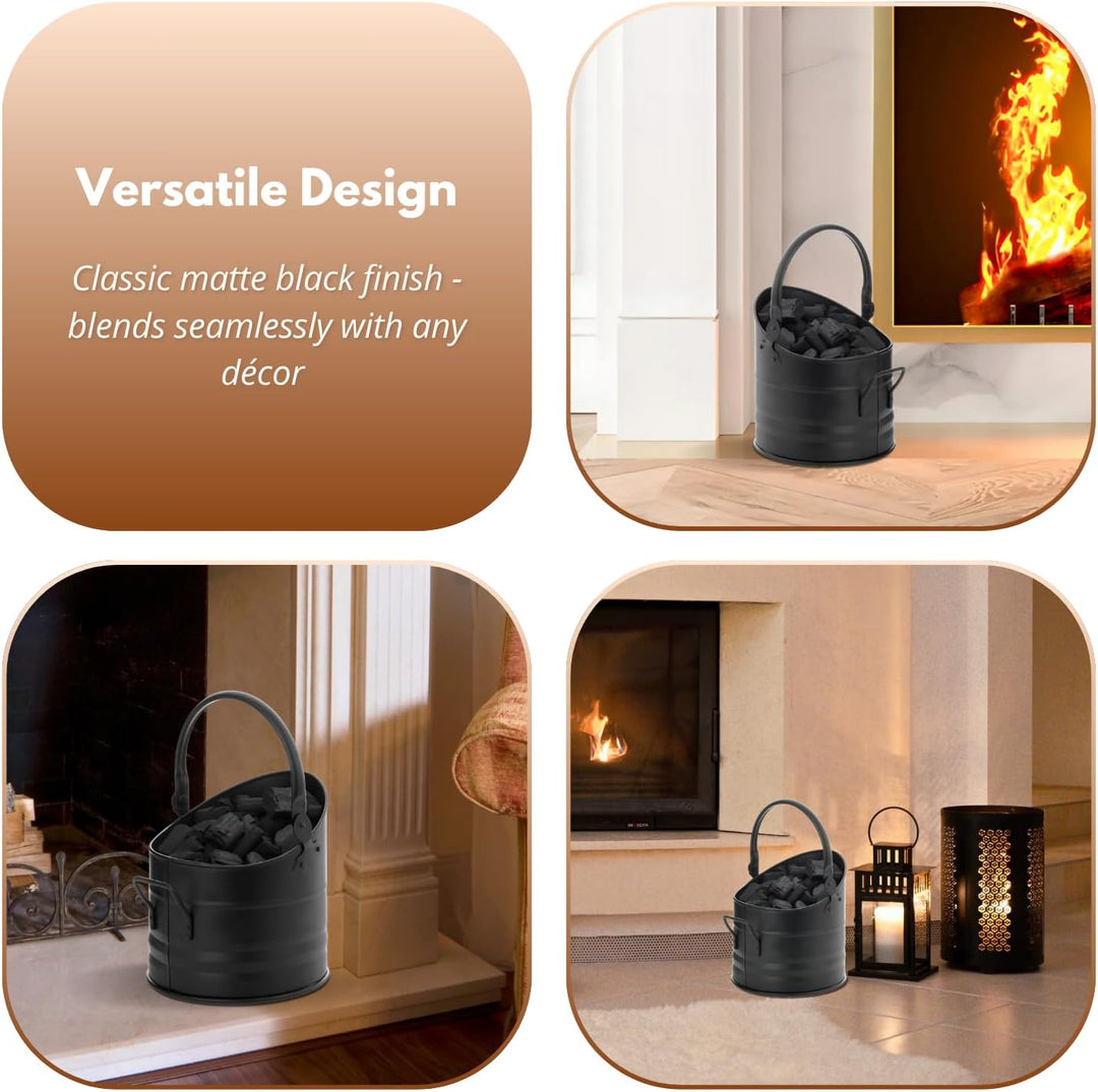 HomeZone schwarzer Kohleeimer für Anzündholz, Kohle und Brennstoff, BLACK ROUND FIRESIDE BUCKET